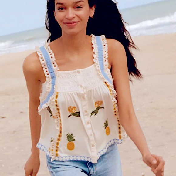 Boho Anthropologie Seen Worn Kept Embroidered Pineapple Tank Small - Picture 1 of 15